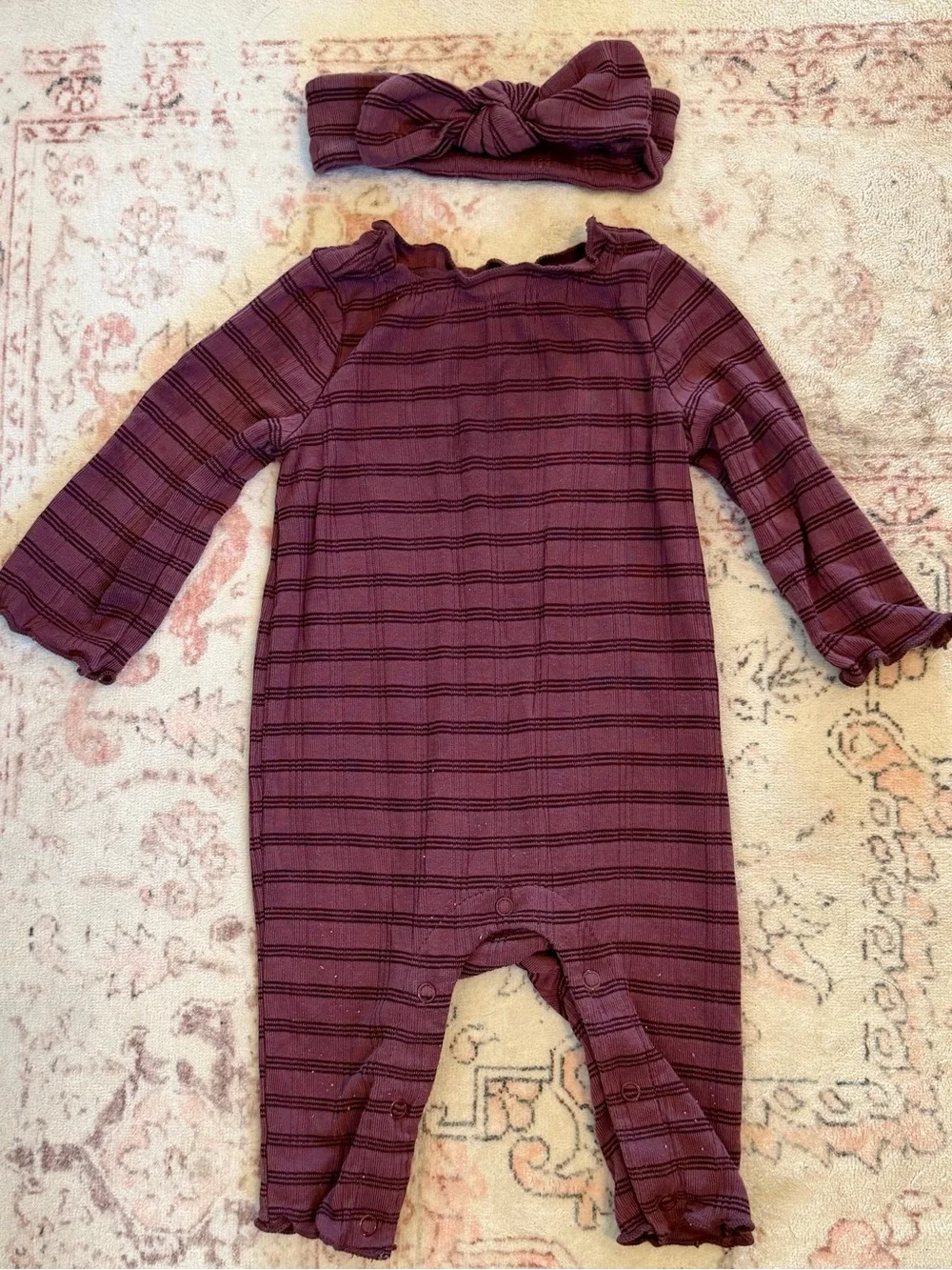 Plum Striped Footless Baby One-Piece Sleeper with Matching Headband